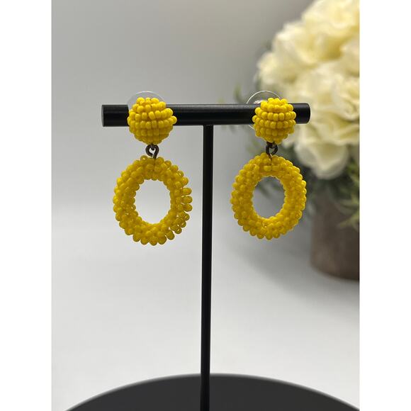 J. Crew Bright Yellow Beaded Hoop Drop Door Knocker Pierced Earrings - Picture 2 of 7